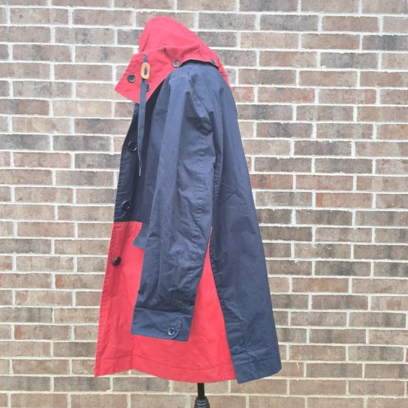 Coach Red Navy Hooded Trench Coat Women’s Medium Colorblock Button Front - Picture 3 of 9